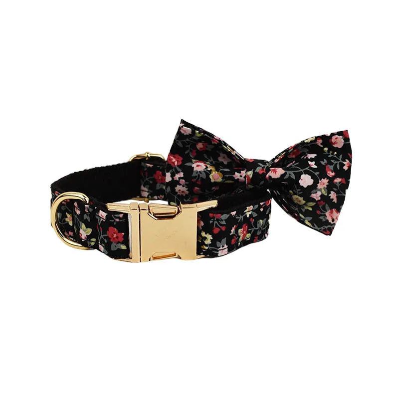 Cloth dog collar set with removable bow, matching leash and vest in four-piece configuration