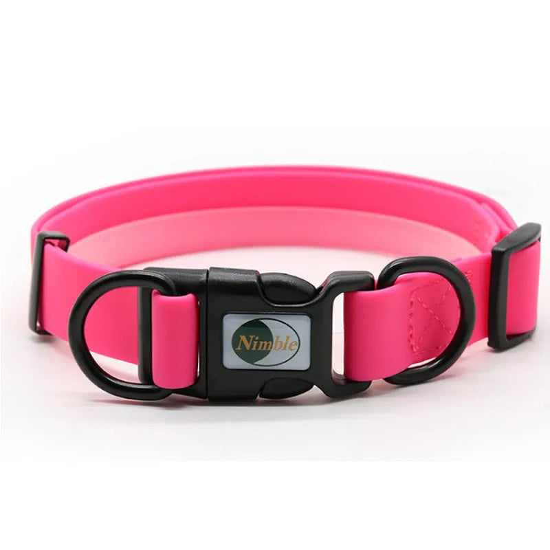 PVC waterproof dirt-resistant adjustable dog collar in blue with buckle, on white background