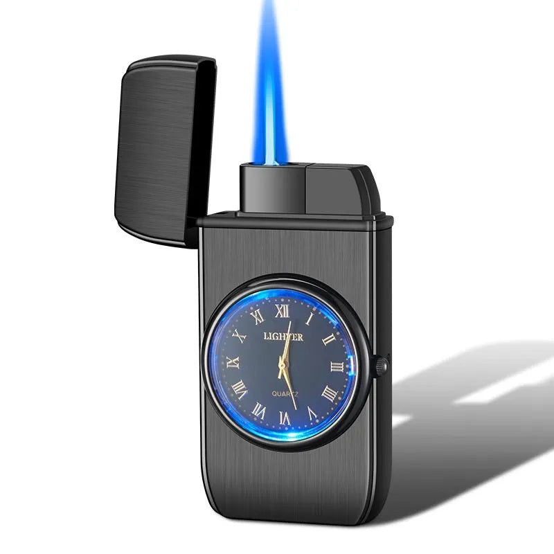 Multifunctional metal electronic watch lighter with LED flash light in various brushed and textured finishes.