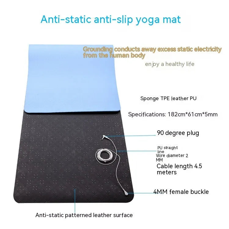 Blue conductive yoga mat with plant pattern and grounding wire, showing non-slip texture and 182cm length.