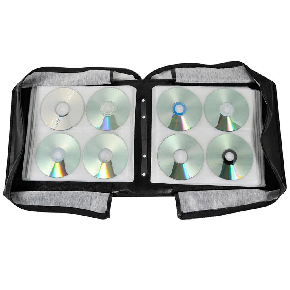 Black Oxford cloth CD DVD storage binder organiser with zip and hand strap.
