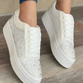 Women's plus size casual sports shoes with rhinestones, thick rubber sole and lace-up design in multiple colours