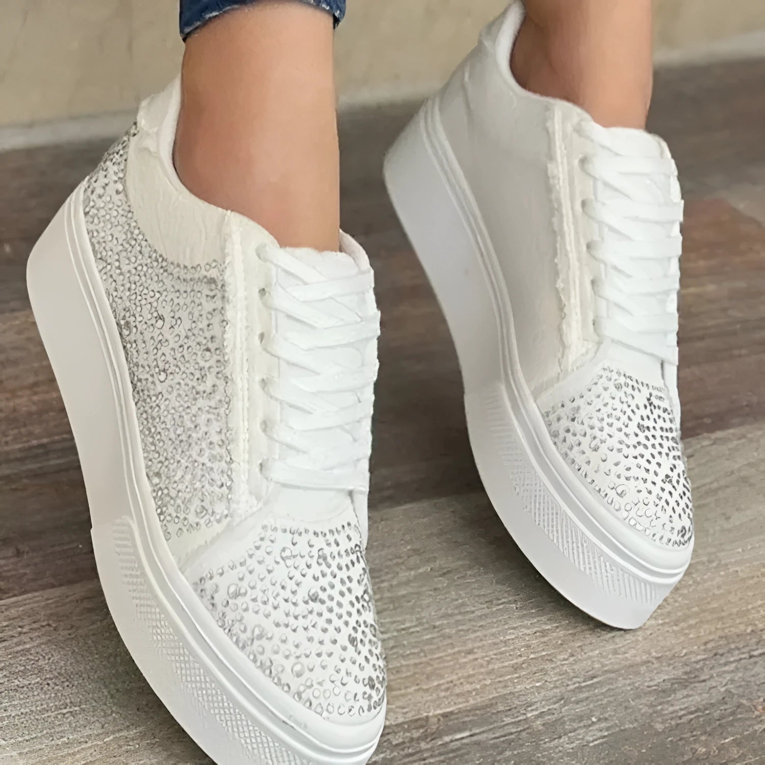 Women's plus size casual sports shoes with rhinestones, thick rubber sole and lace-up design in multiple colours