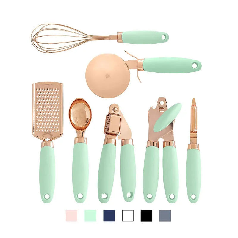 Stainless steel kitchen gadget 7-piece set with various bottle openers and a can opener in a box.