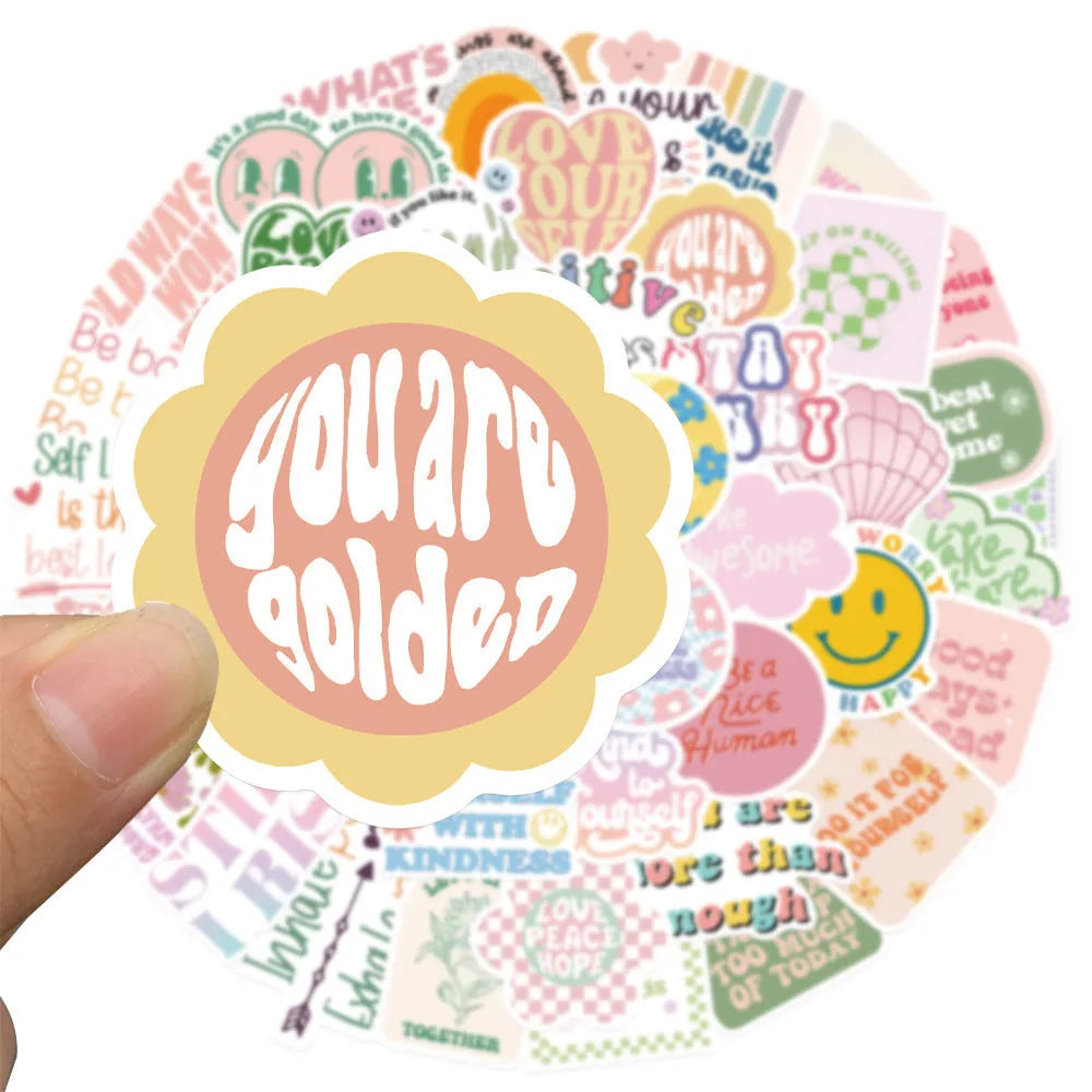 Danish pink motivational statement stickers with graffiti cartoon designs measuring 4-6cm for laptops and luggage
