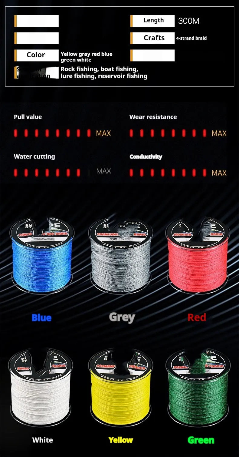 PE fishing line roll in various colours with line number selection from 0.4 to 3.5