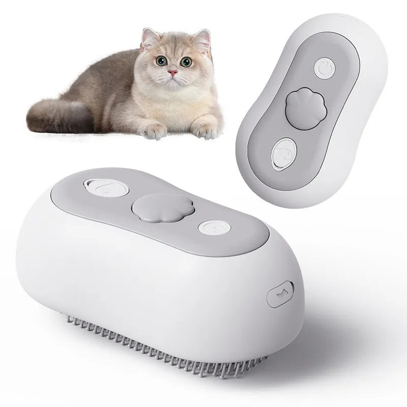 Rechargeable cat massage comb in beige yellow, blue, grey, or orange colours showing ABS silicone construction