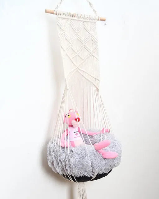 Handmade macrame pet swing cage rectangular plain pattern cotton rope hanging bed for cats