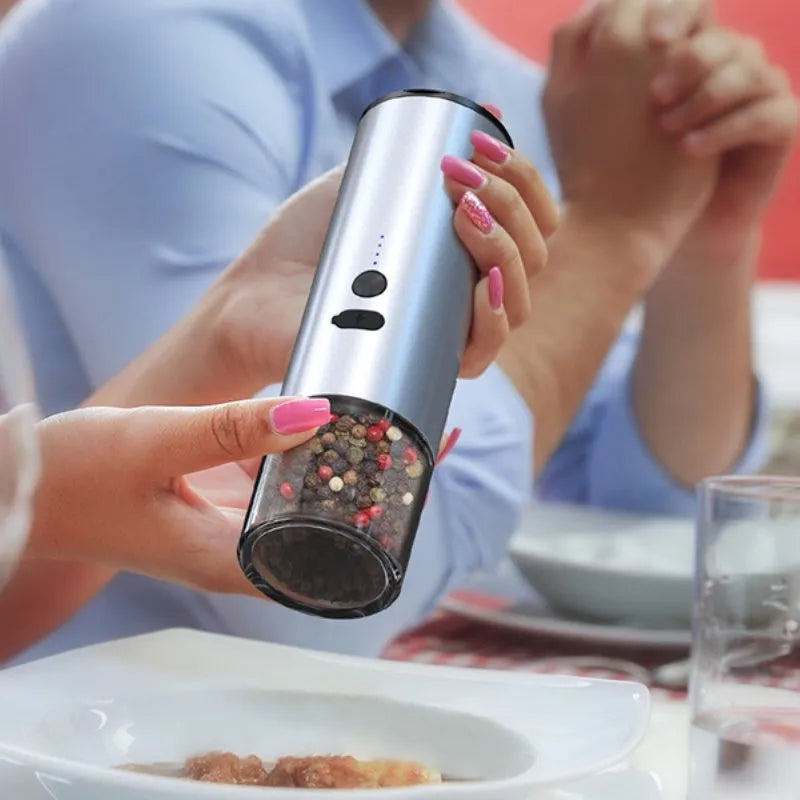 USB rechargeable electric pepper grinder with clear glass jar and LED light