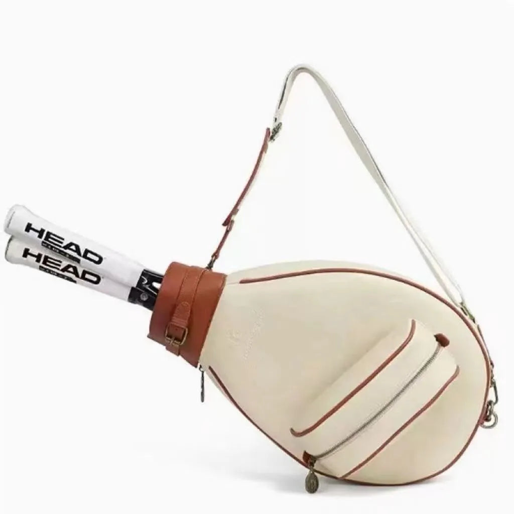 Women's retro style leather one-shoulder badminton bag shown in multiple colour options.