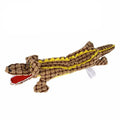 Blue corduroy crocodile-shaped squeaky dog toy shown next to size measurement