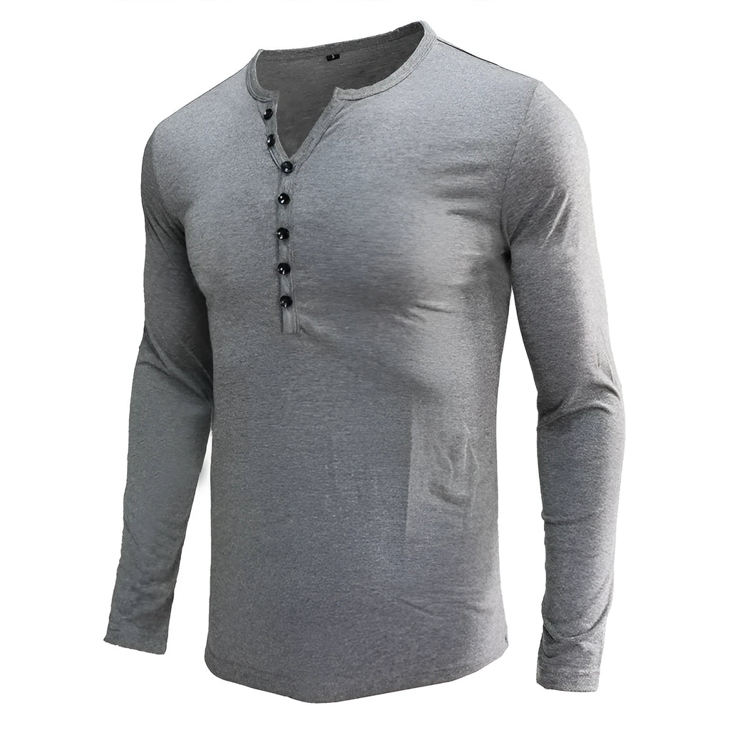 Blue men's long sleeve cotton blend T-shirt with a Henry neck on a hanger.