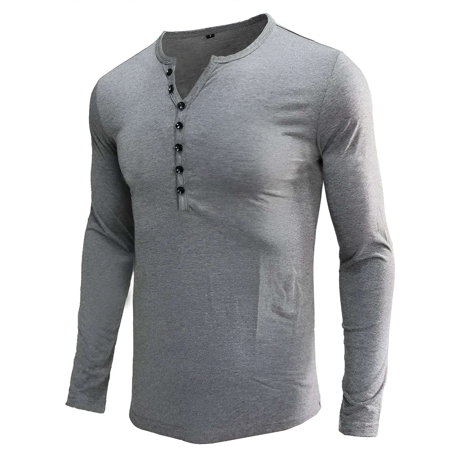 Blue men's long sleeve cotton blend T-shirt with a Henry neck on a hanger.