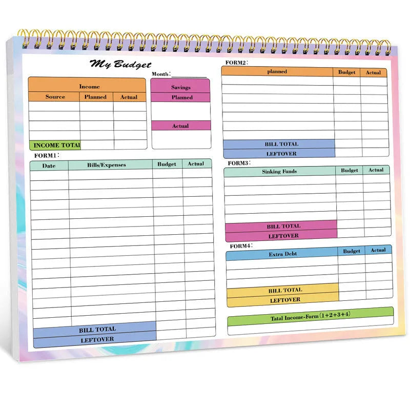 Blue B5 budget tally book with spiral binding, shown open on a table.