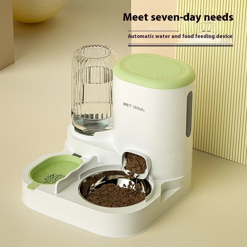 Automatic cat water fountain with two stainless steel food bowls attached, in avocado green colour.