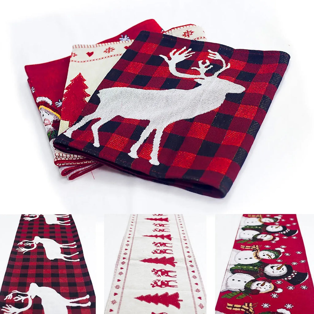 Christmas table runner with elk and snowman designs in cotton linen fabric