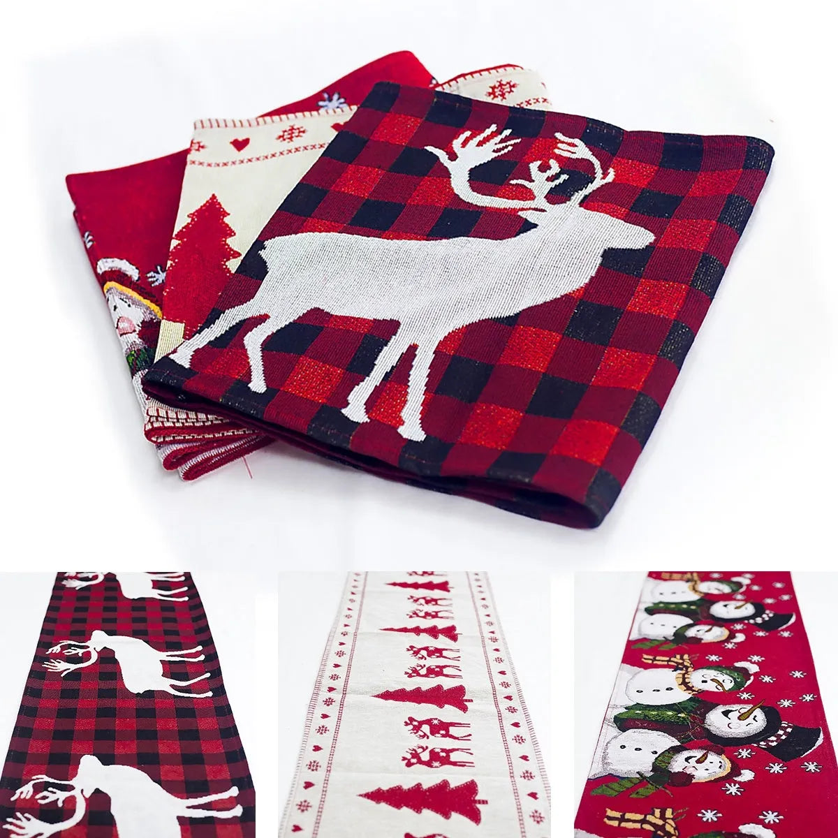 Christmas table runner with elk and snowman designs in cotton linen fabric