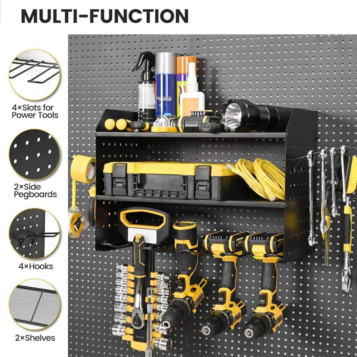 Wall-mounted carbon steel tool rack with 3 detachable layers for electric drills and screwdrivers, in black or red