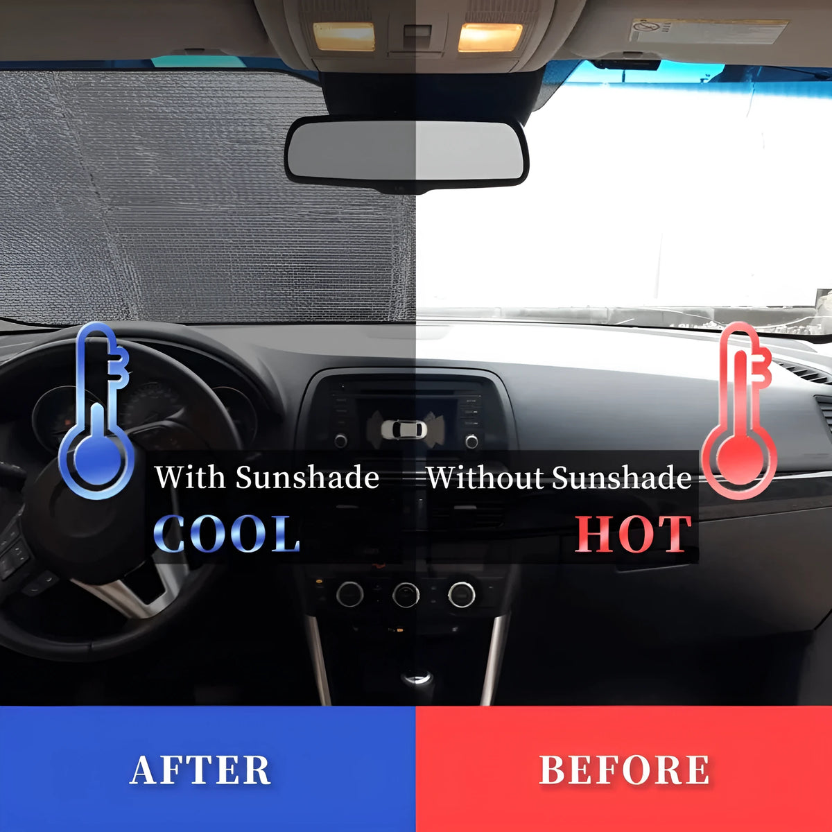 White aluminium foil car windshield sun visor with suction cups on glass