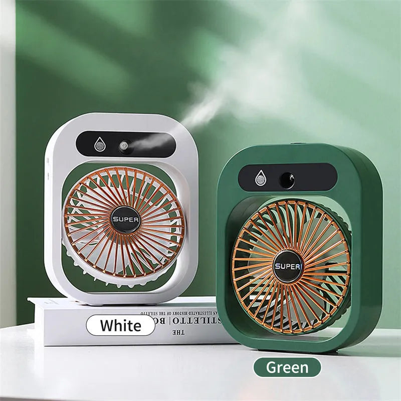 Green and white USB portable desk misting fan with humidifier function and adjustable wind direction
