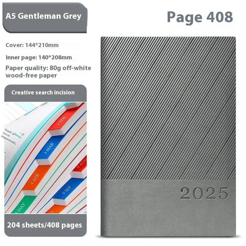 Business notepad with striped PU leather cover showing 204 sheet capacity and wood-free paper
