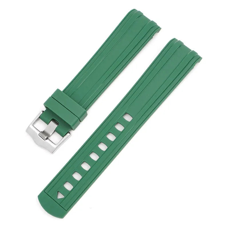 20mm Apple Watch replacement strap in multiple colours with silver buckle, shown fitting a watch.