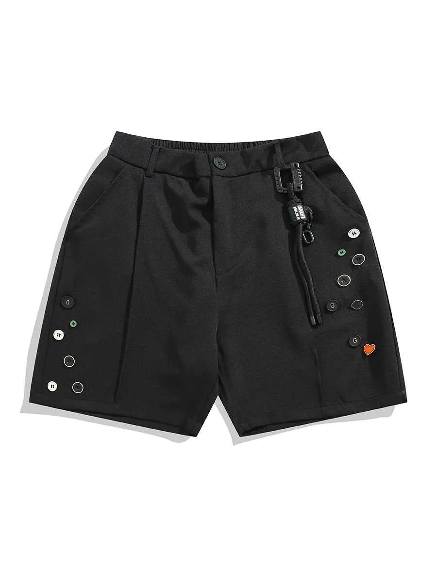 Black men's semi-elastic waist shorts with button fastening and loose straight-leg fit