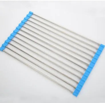Folding stainless steel kitchen sink drain rack with coloured PP plastic tubes in collapsed and expanded positions