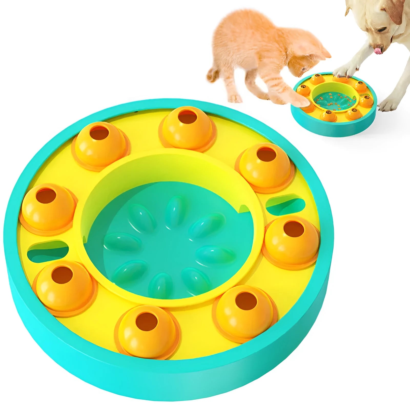 Blue dog puzzle toy with central feeding column and food turntable on non-slip base