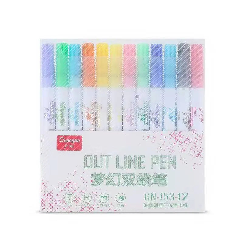 Set of colourful highlighter pens with plastic nibs and water-based ink, showing 1-2mm line width on paper