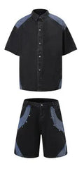 Retro washed denim suit for men with short sleeve shirt and matching trousers in blue.