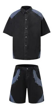 Retro washed denim suit for men with short sleeve shirt and matching trousers in blue.