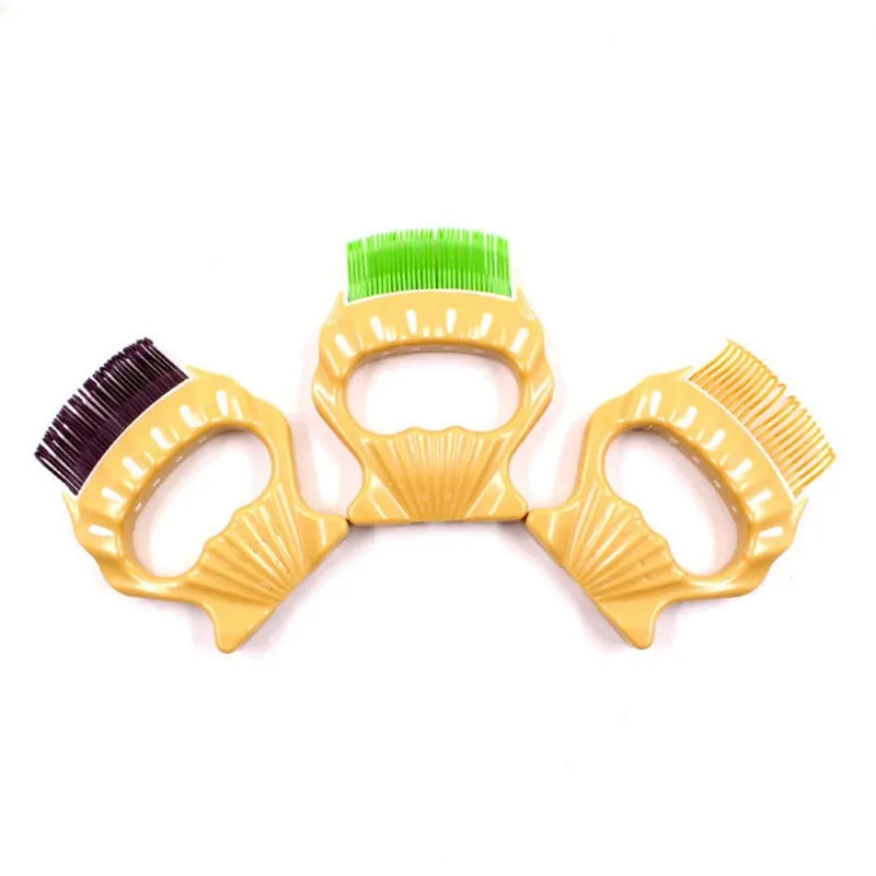Shell shaped pet grooming brush with wire bristles in green, orange and purple colour options