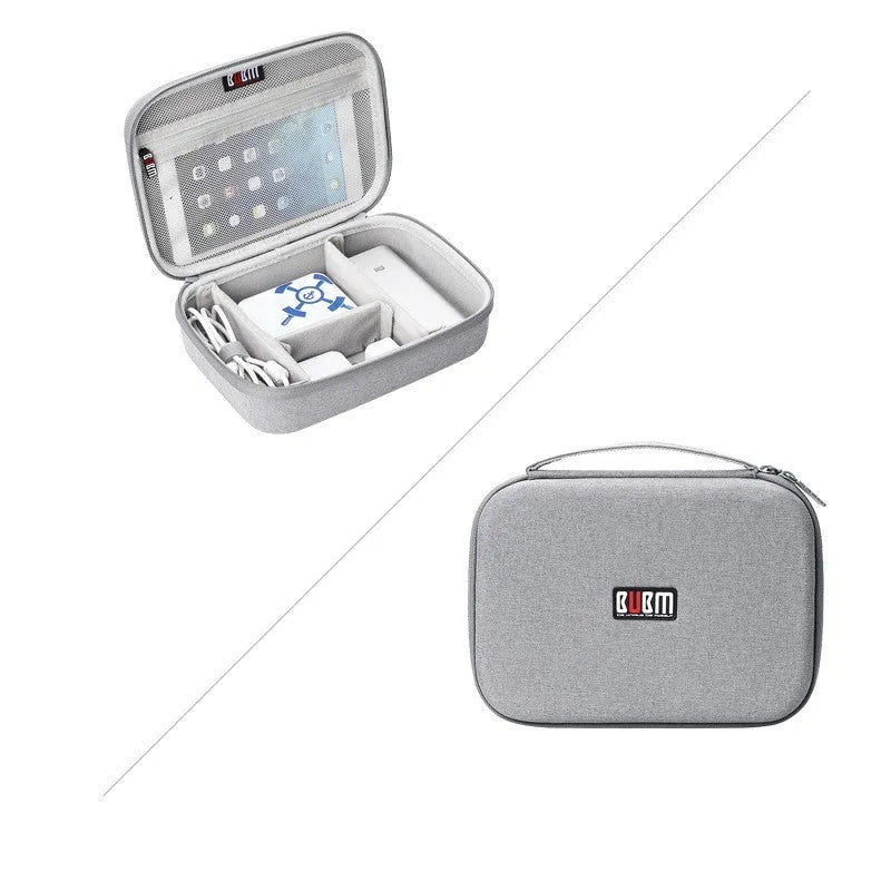 Black EVA digital storage bag with a handbag shape for organising headphones and cables.