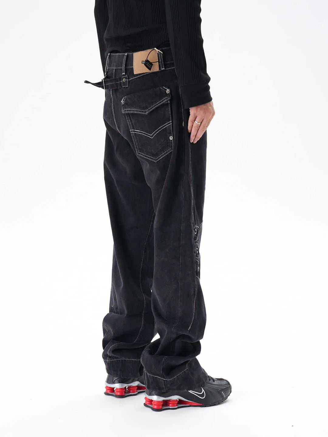 Contrast colour loose machete jeans men black denim wide leg trousers with zip fly