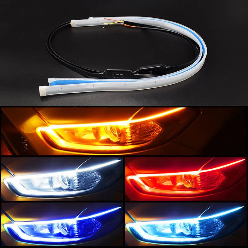 Car LED daytime running light strip with silicone body and coloured flowing turn signal effects