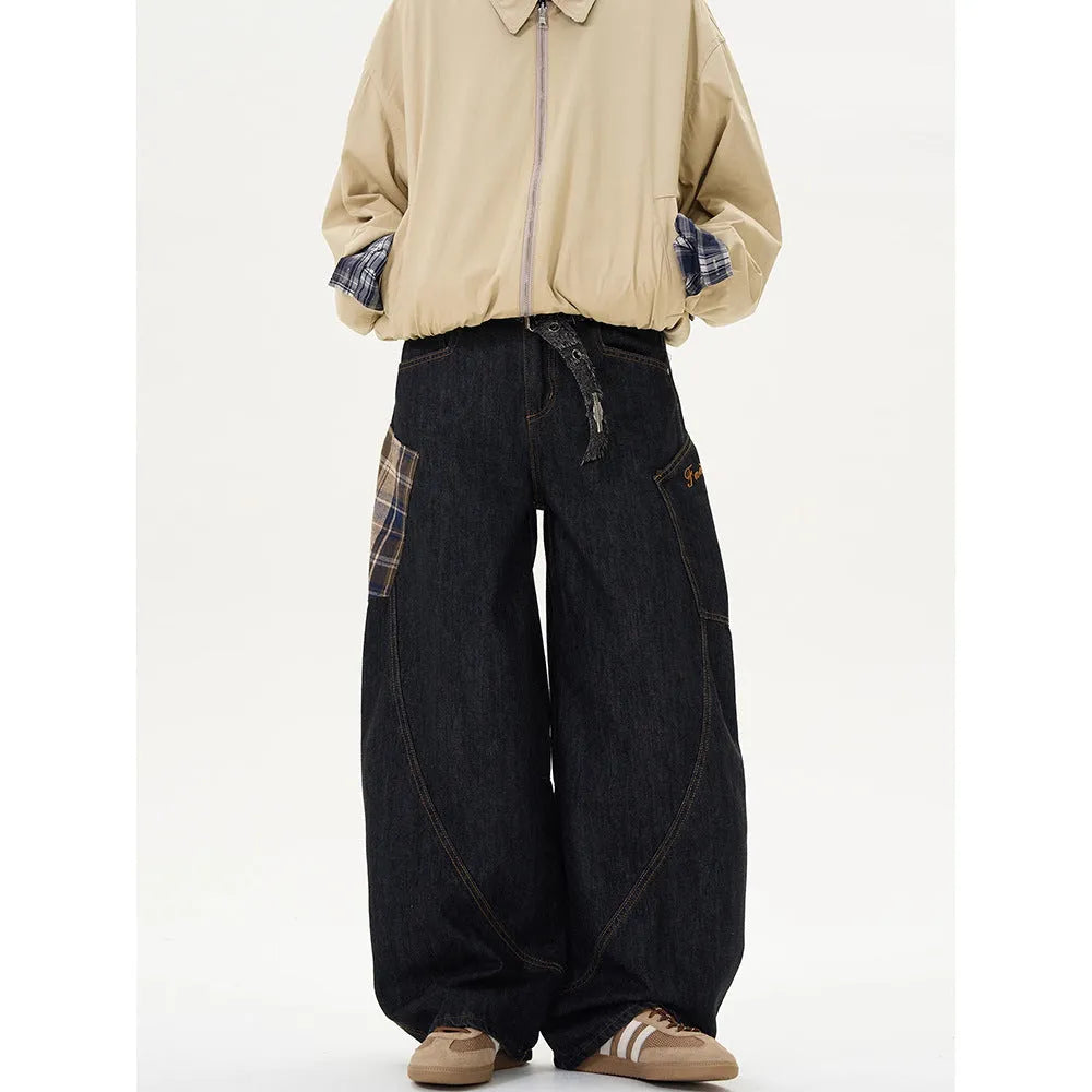Straight-leg loose casual trousers in red plaid pattern on a mid-waist.