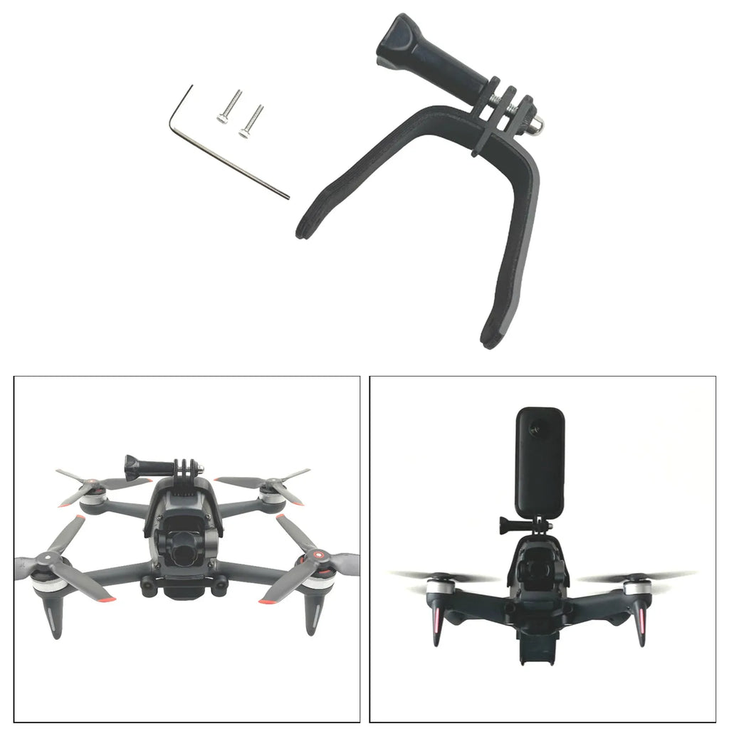 3D printed hard plastic FPV drone top expansion bracket with grey sponge padding for GoPro cameras.