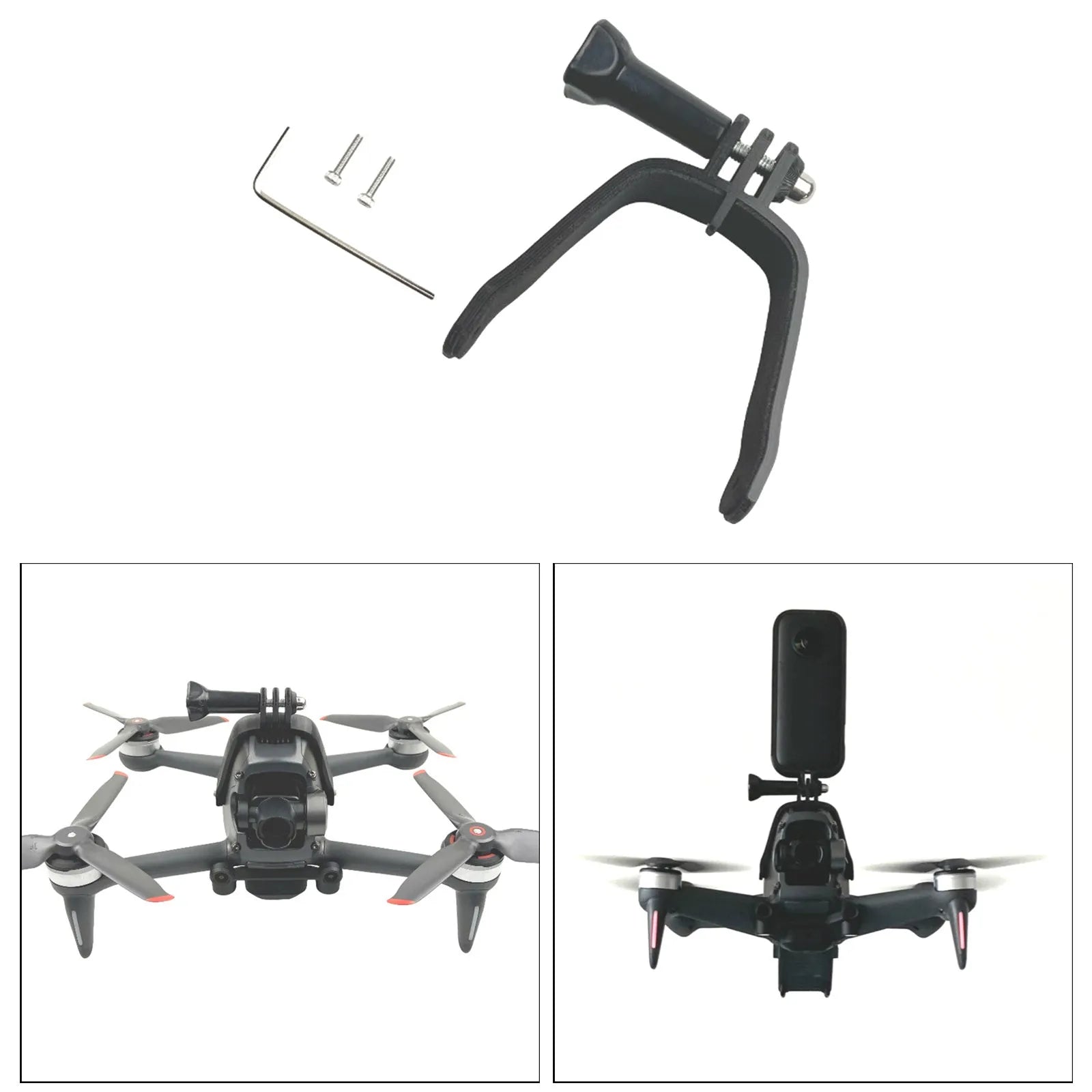3D printed hard plastic FPV drone top expansion bracket with grey sponge padding for GoPro cameras.