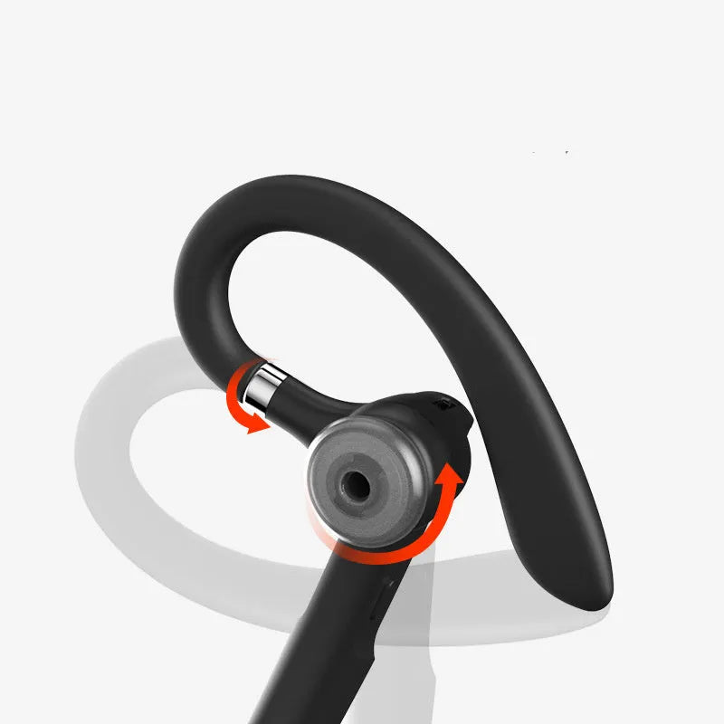 Black mono ear Bluetooth headset with hanging ear loop design, showing IPX6 waterproof and active noise cancellation features.