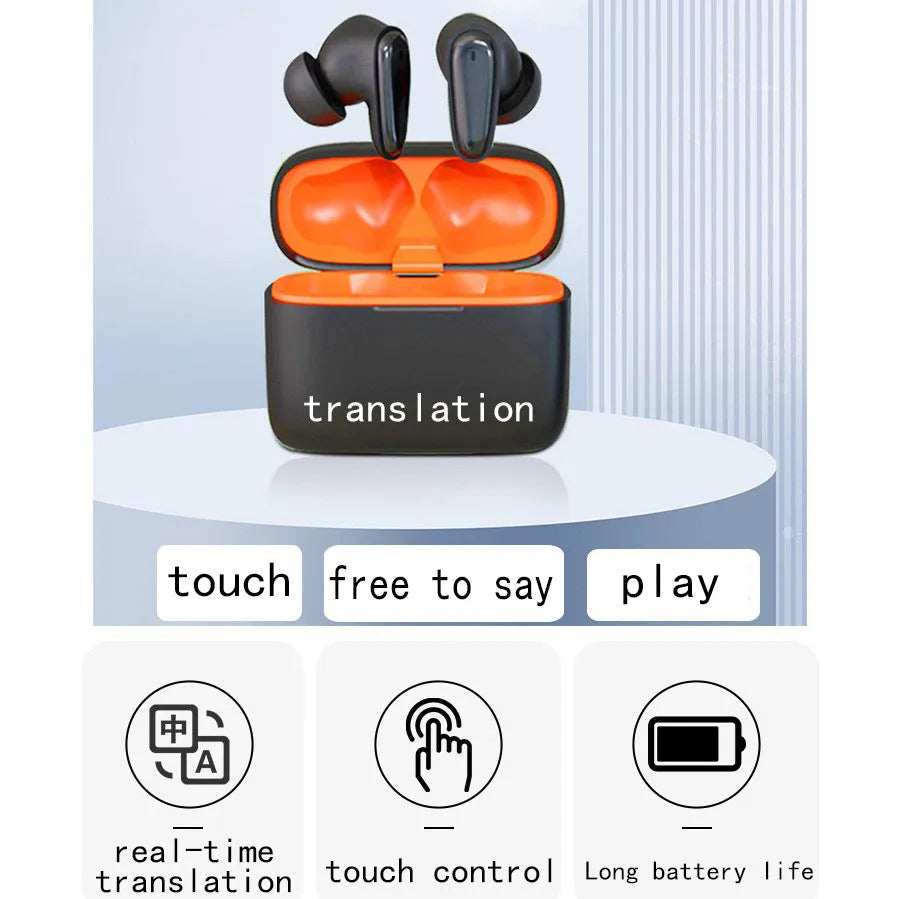 Bluetooth smart in-ear headphones in white, black, dark blue, or lotus root, with charging case and cable.