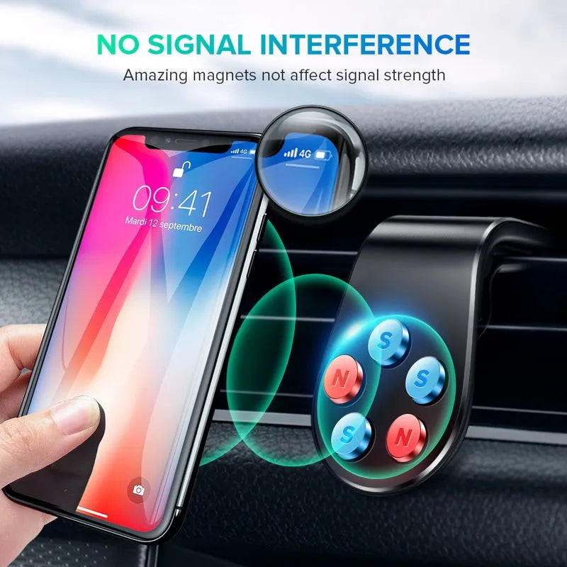 Black car phone bracket mounted on a vehicle air vent, holding a mobile phone in landscape orientation.