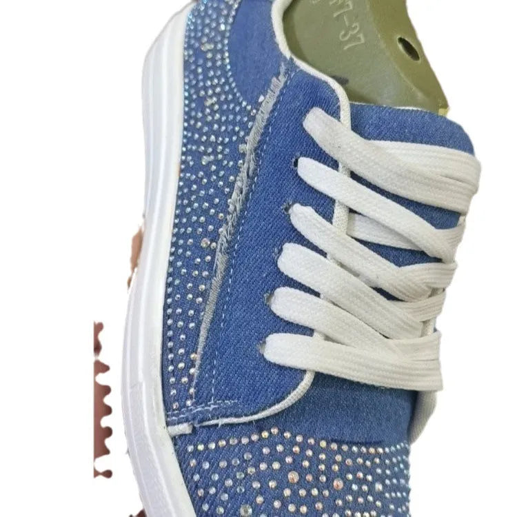Women's plus size casual sports shoes with rhinestones, thick rubber sole and lace-up design in multiple colours