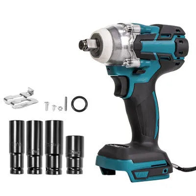 Dual use brushless electric impact wrench orange colour with lithium battery and driver head sj1000 on grey background