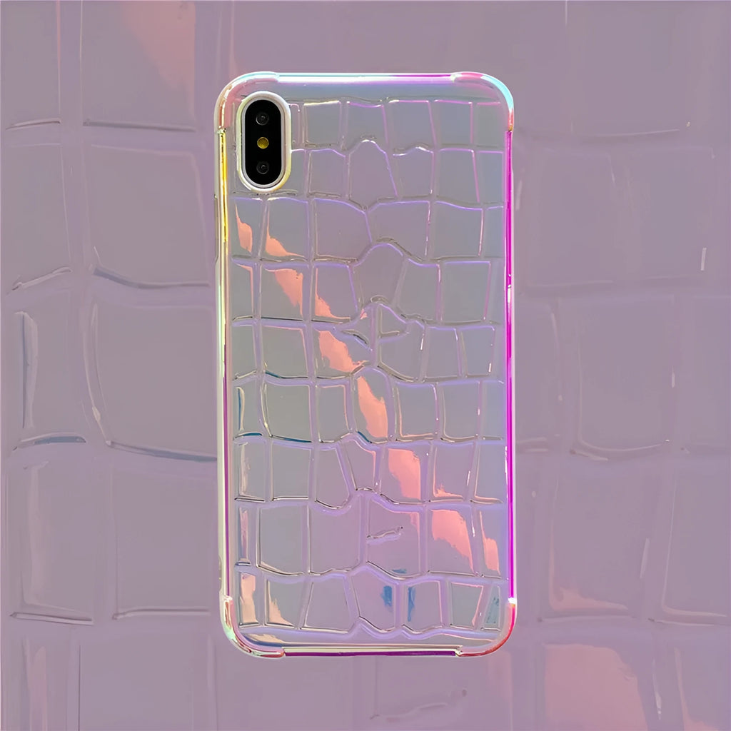 Silver glossy silicone laser phone case with textured surface for iPhone, showing lanyard hole and precise camera cutout.