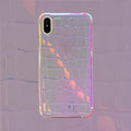 Silver glossy silicone laser phone case with textured surface for iPhone, showing lanyard hole and precise camera cutout.