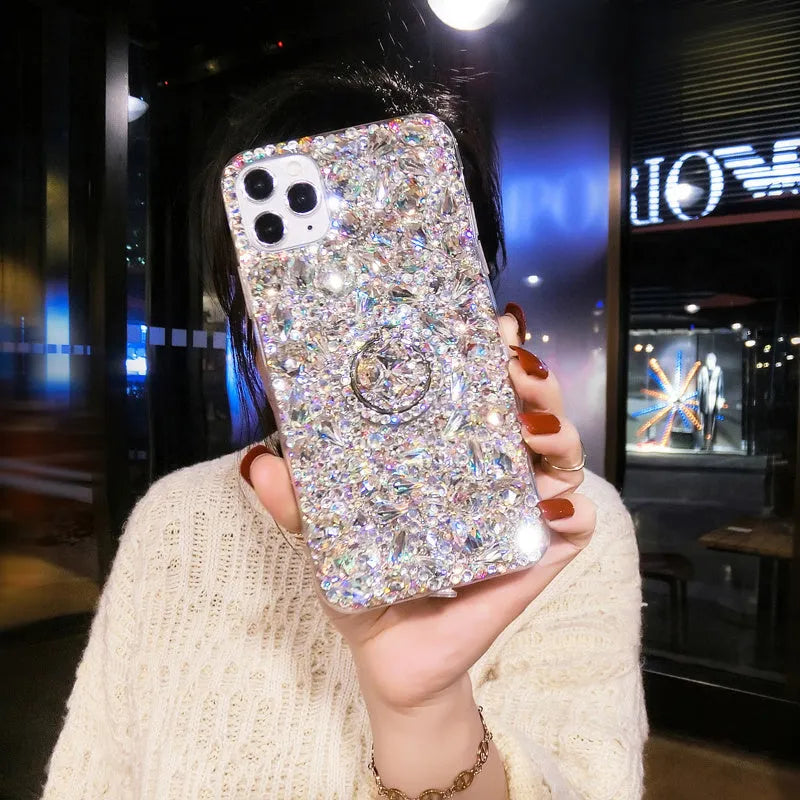 Clear acrylic Samsung phone case with colourful diamond decoration on a transparent bracket
