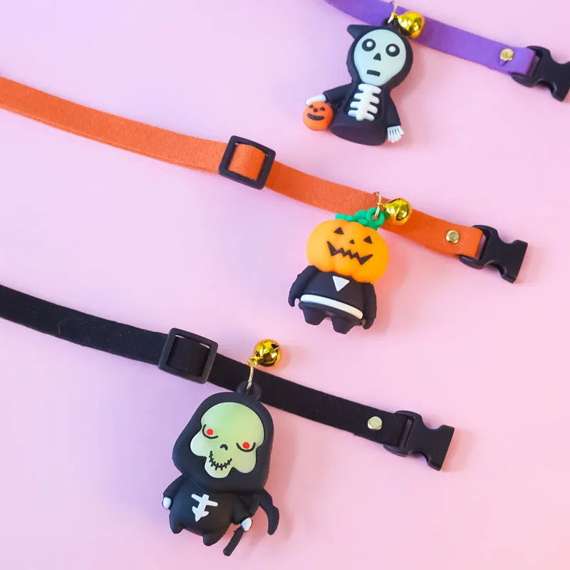Halloween dog collar decoration in cartoon pumpkin or luminous designs on an adjustable polyester collar.
