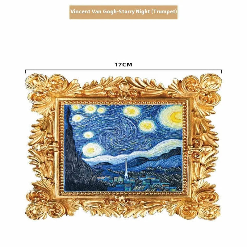 DIY paint-by-numbers kit showing canvas, acrylic paint pots, and brushes for recreating Van Gogh's Starry Night.