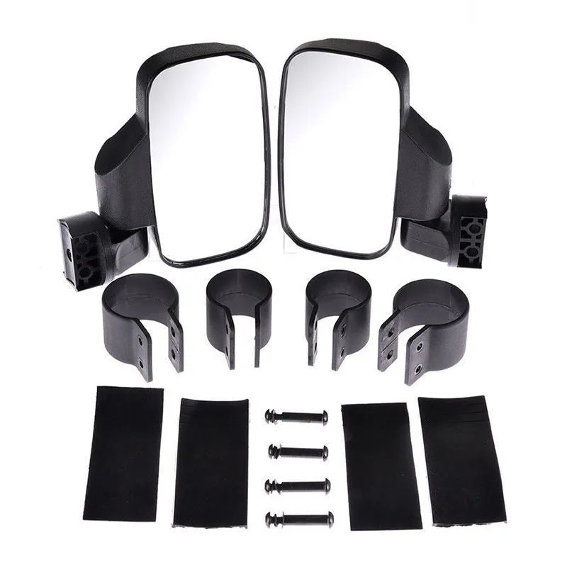 Black universal UTV off-road rearview mirror with plastic housing and glass reflective surface